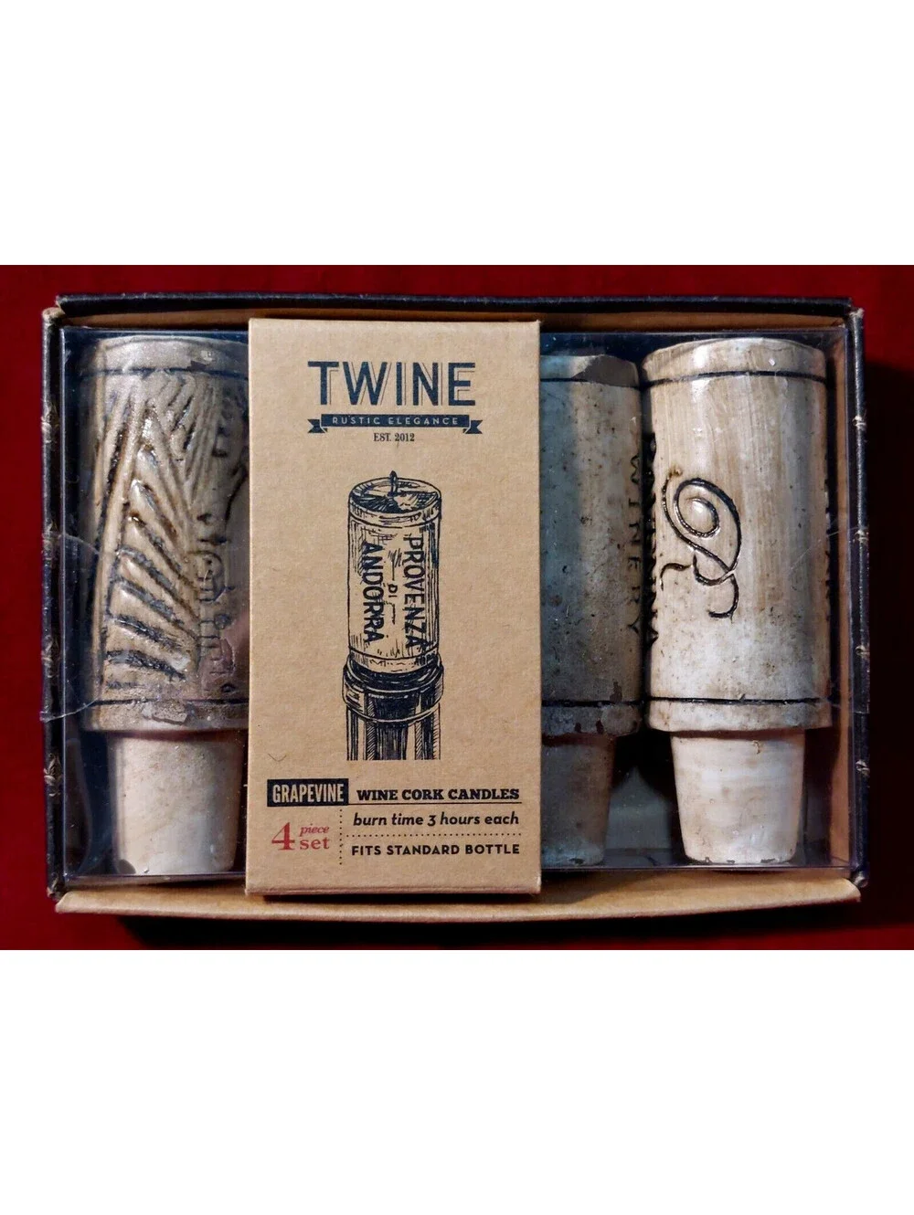 WINE CORK CANDLES Twine Grapevine Set of 4  3 inch candles NEW in Box Sealed!